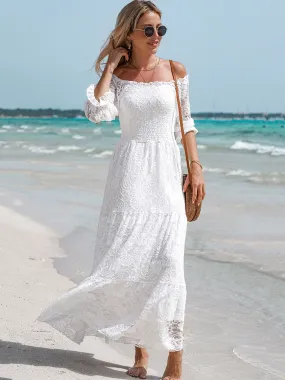 Short Semi-Sheer Sleeves Lace Square Neck High Waist Maxi Boho Dress