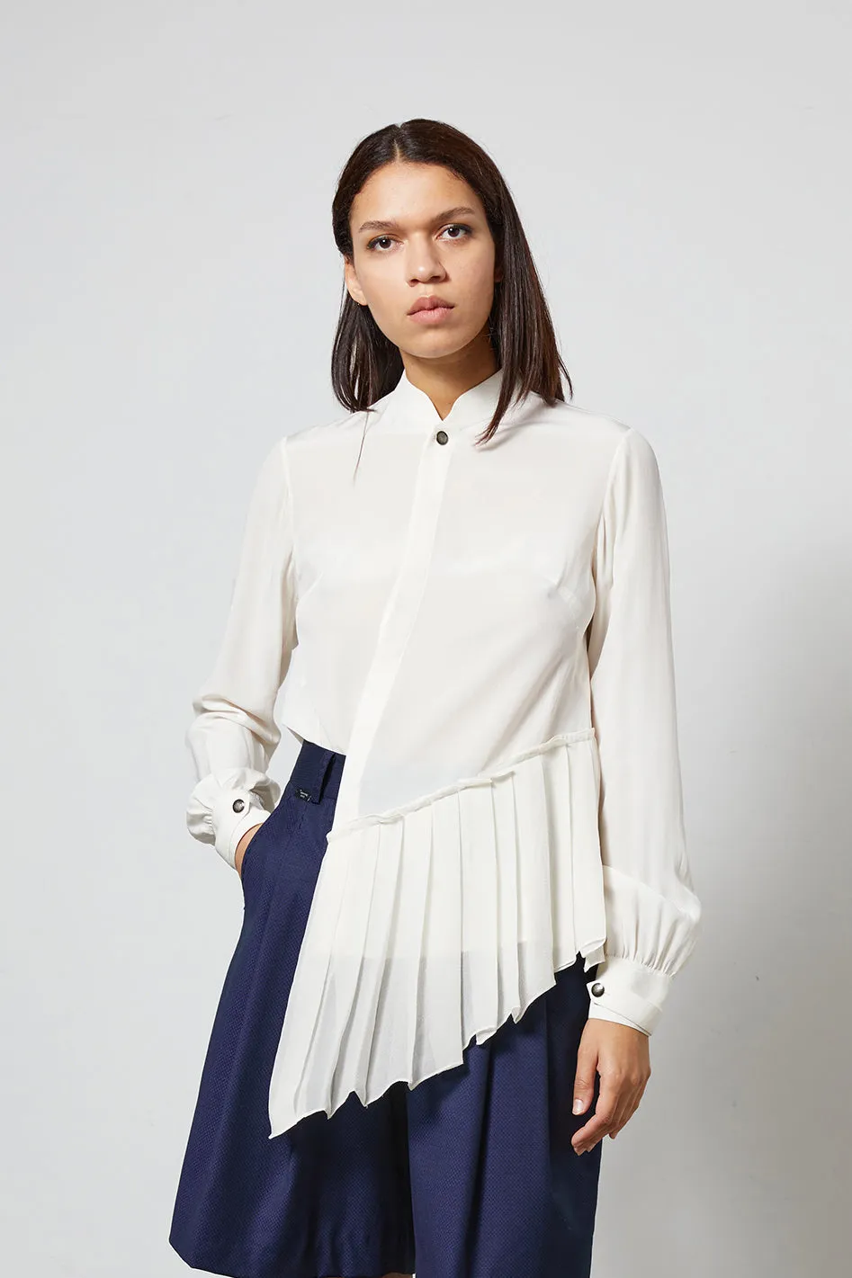 SKY white - silk asymmetrical pleated blouse