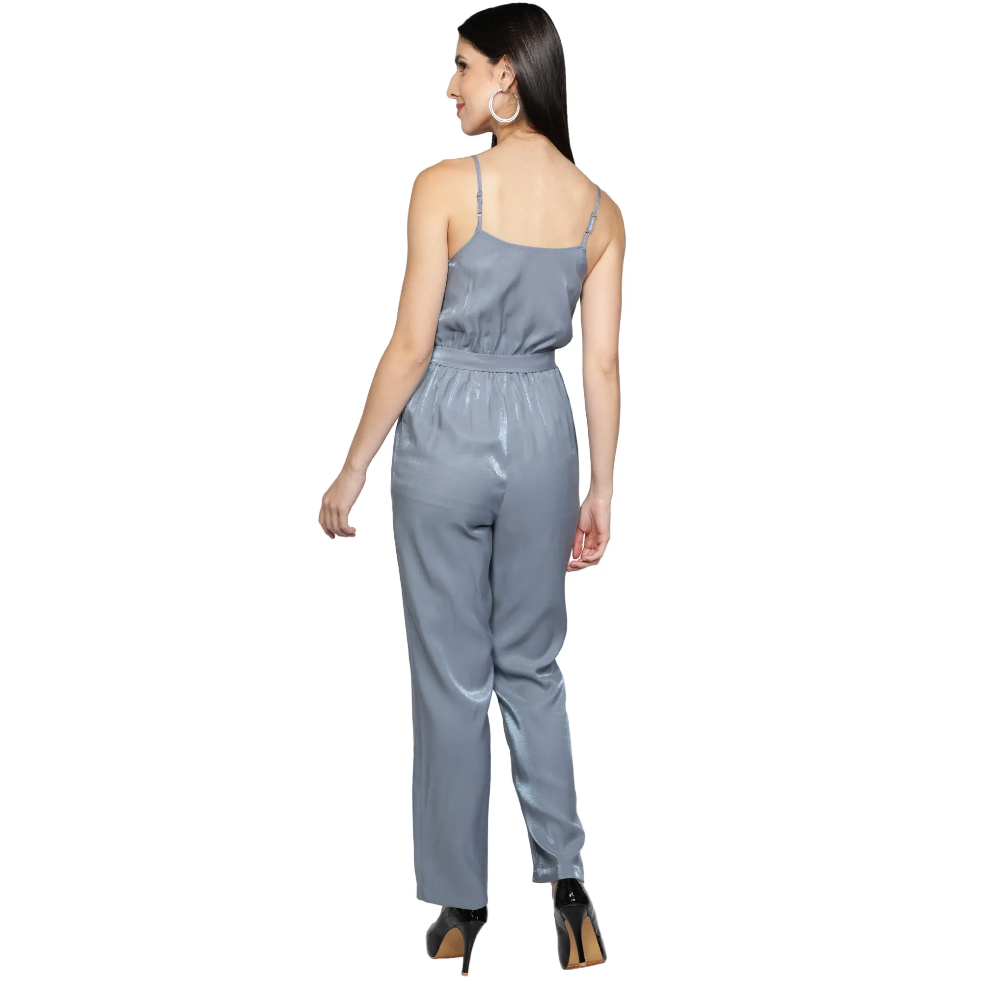 SLAY. Women's Blue Poly Twill Shimmer Jumpsuit with waist belt