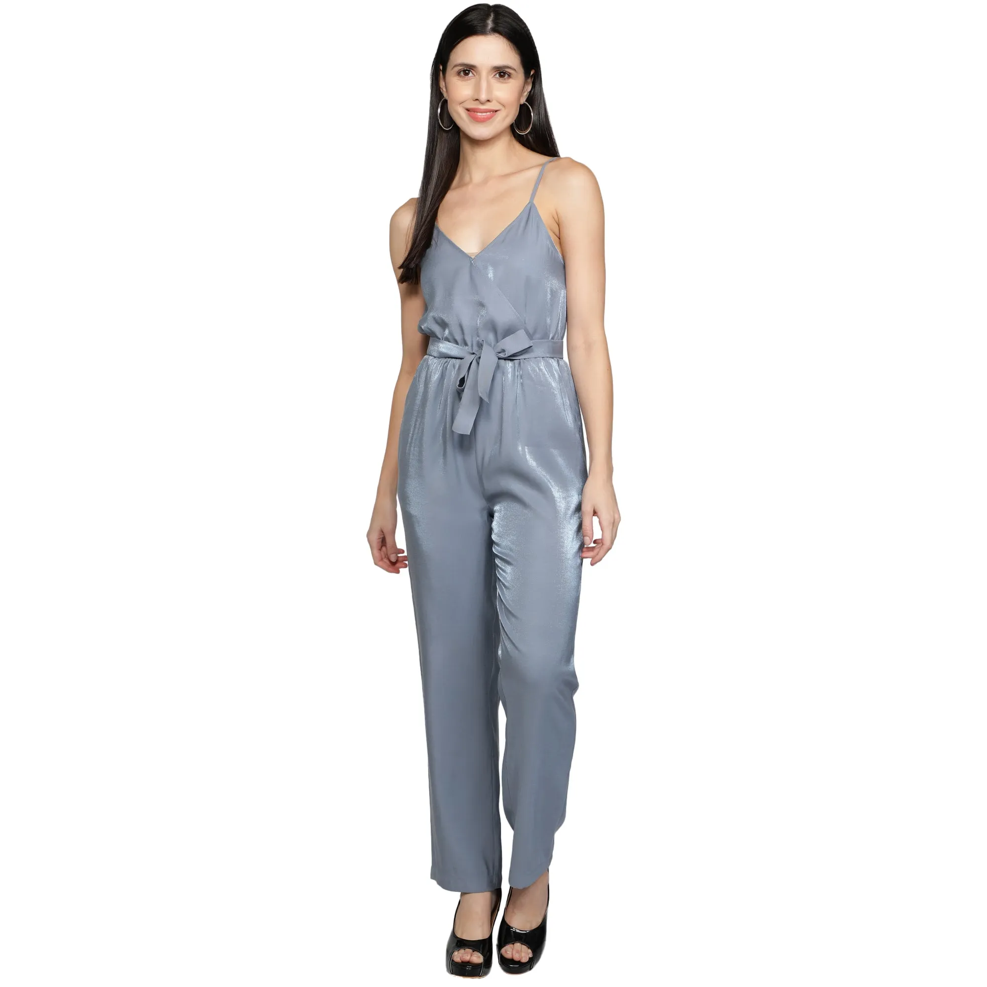 SLAY. Women's Blue Poly Twill Shimmer Jumpsuit with waist belt