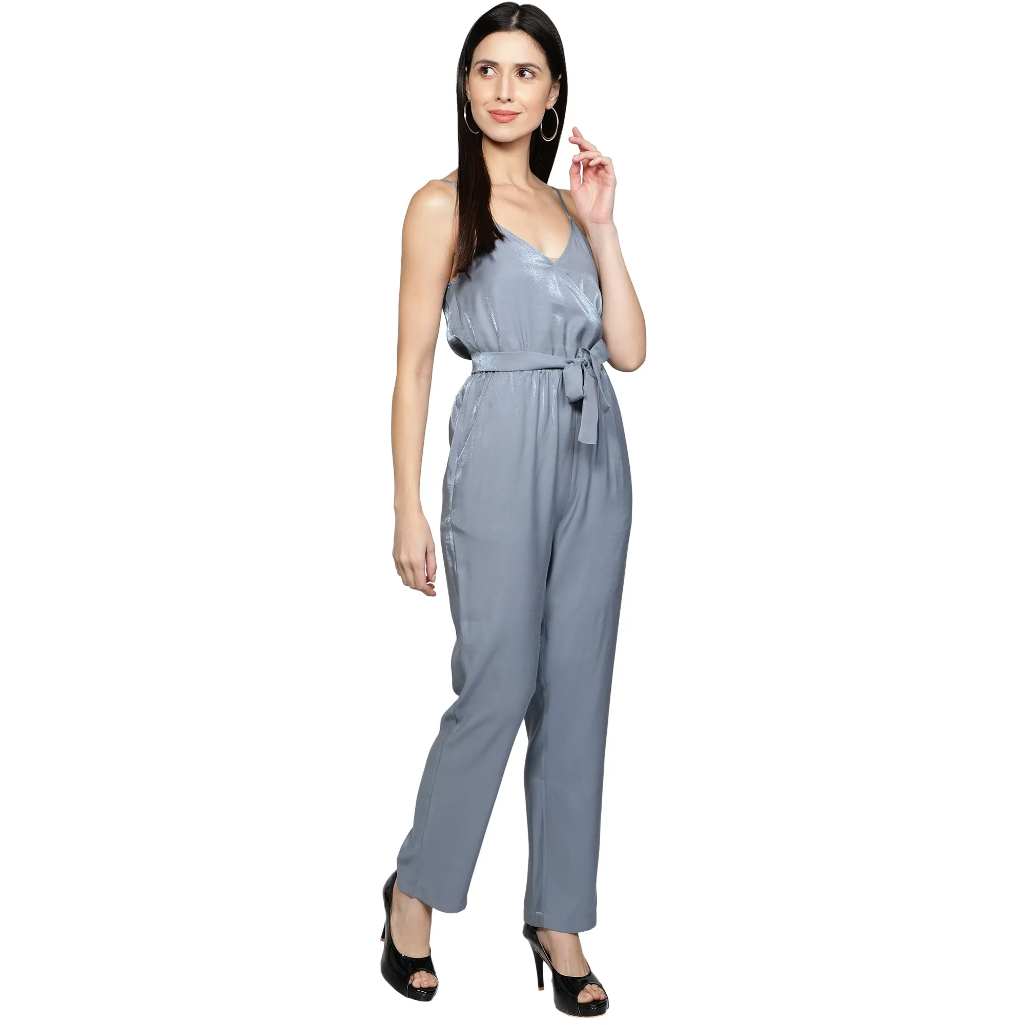 SLAY. Women's Blue Poly Twill Shimmer Jumpsuit with waist belt