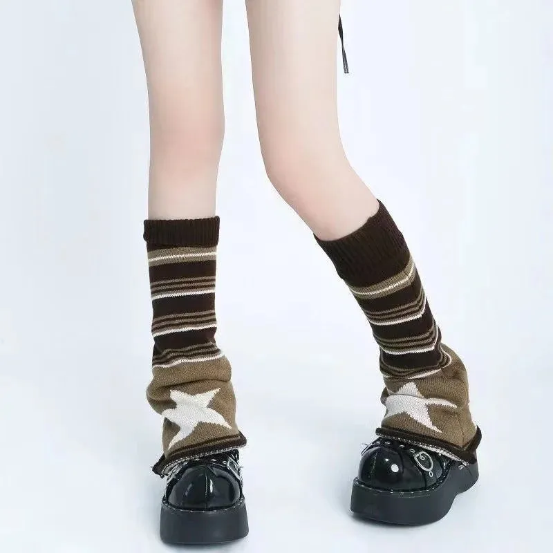 Sohiwoo Y2K Brown Star Leg Warmers Stockings Knitted Socks Gothic Cover Stockings Japanese JK Leg Warmers Gothic Hot Girl Accessories