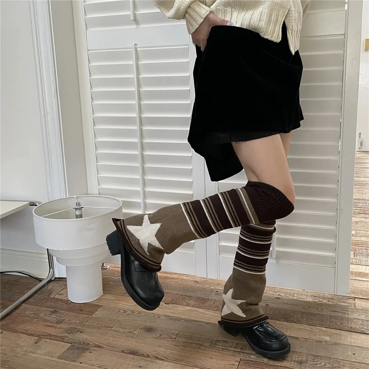 Sohiwoo Y2K Brown Star Leg Warmers Stockings Knitted Socks Gothic Cover Stockings Japanese JK Leg Warmers Gothic Hot Girl Accessories