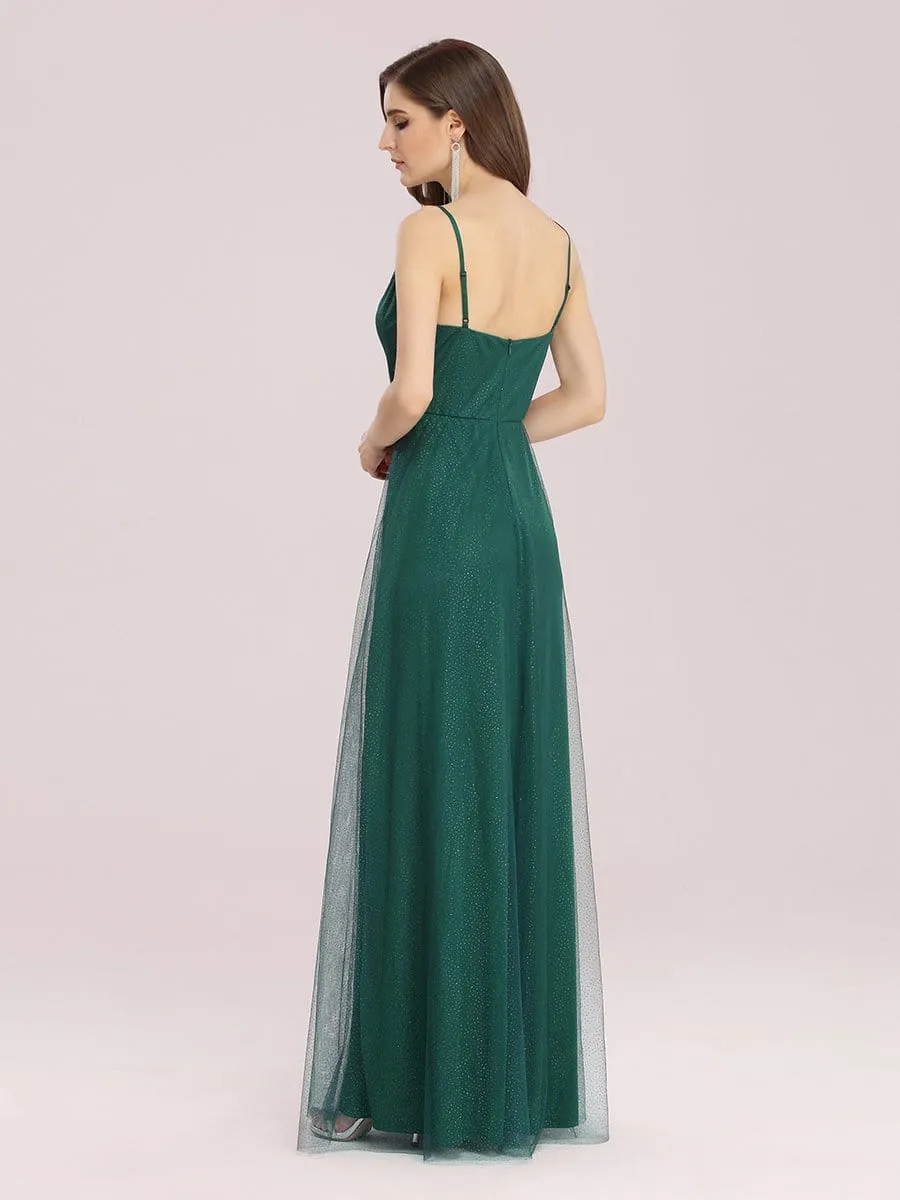 Spaghetti Strap Applique Belt Maxi Mesh Evening Dress