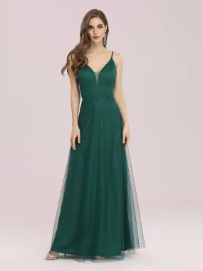 Spaghetti Strap Applique Belt Maxi Mesh Evening Dress