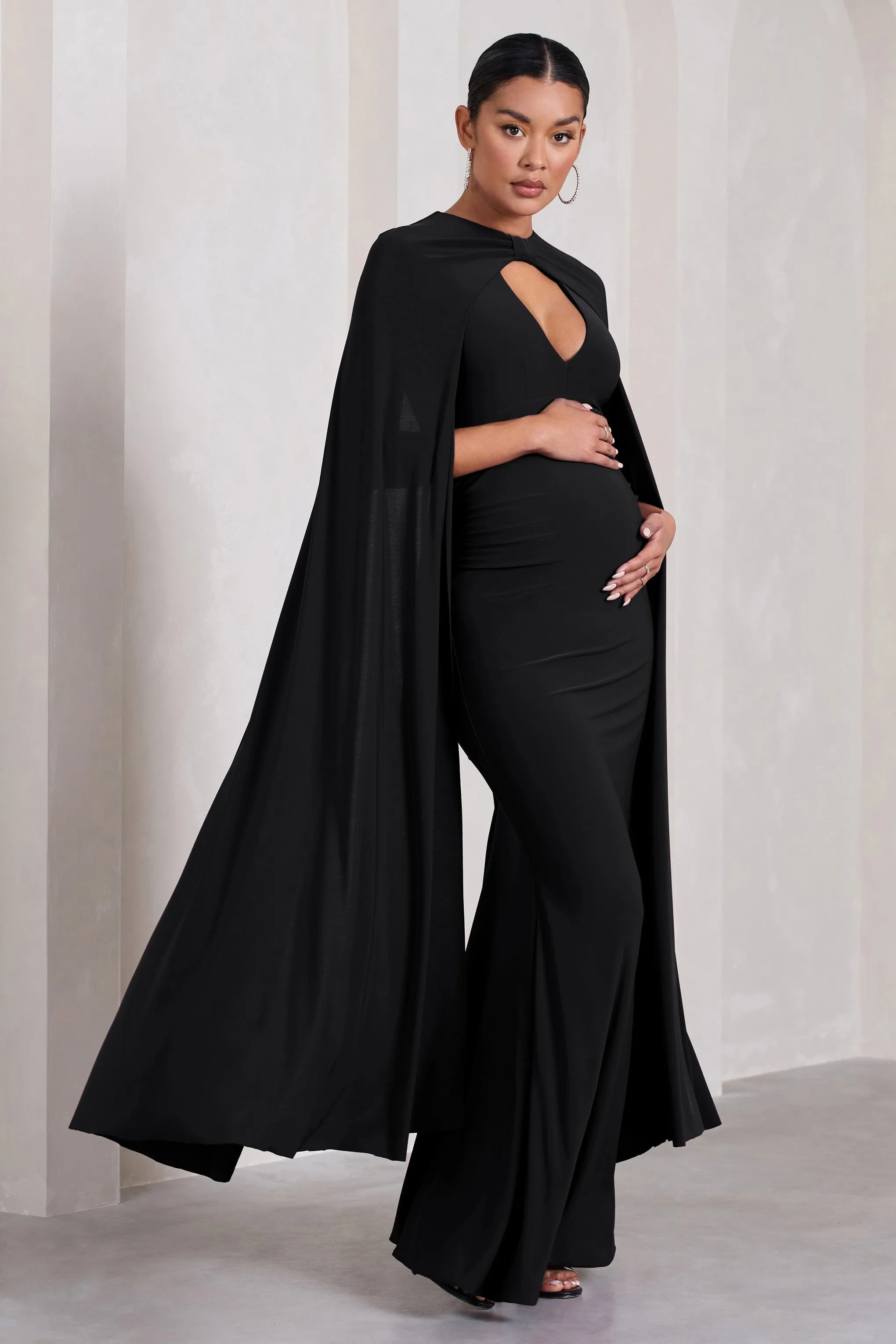 Standing Ovation | Black Plunge-Neck Cape Maternity Maxi Dress