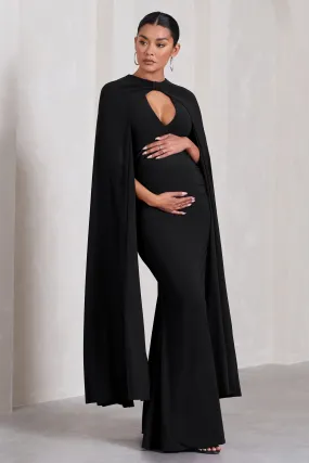 Standing Ovation | Black Plunge-Neck Cape Maternity Maxi Dress