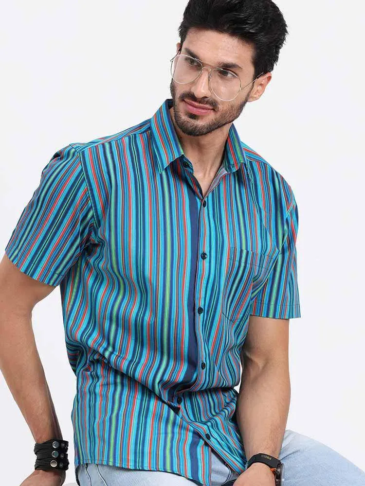 Stripe Multi Navy Turquoise Printed Half Sleeve Shirt