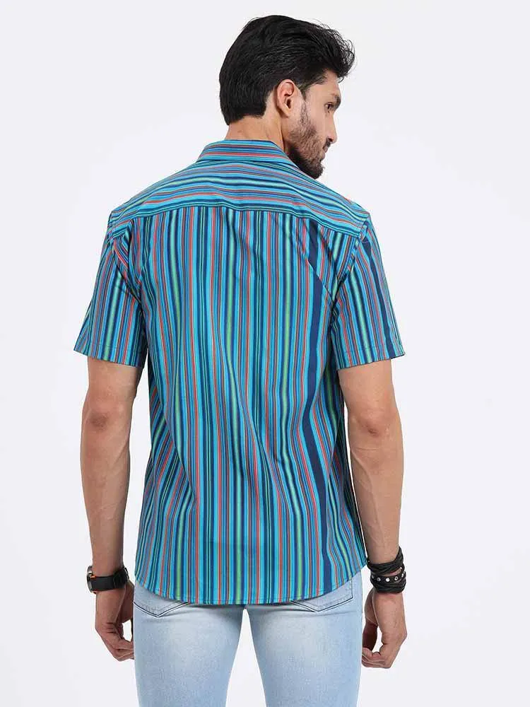 Stripe Multi Navy Turquoise Printed Half Sleeve Shirt