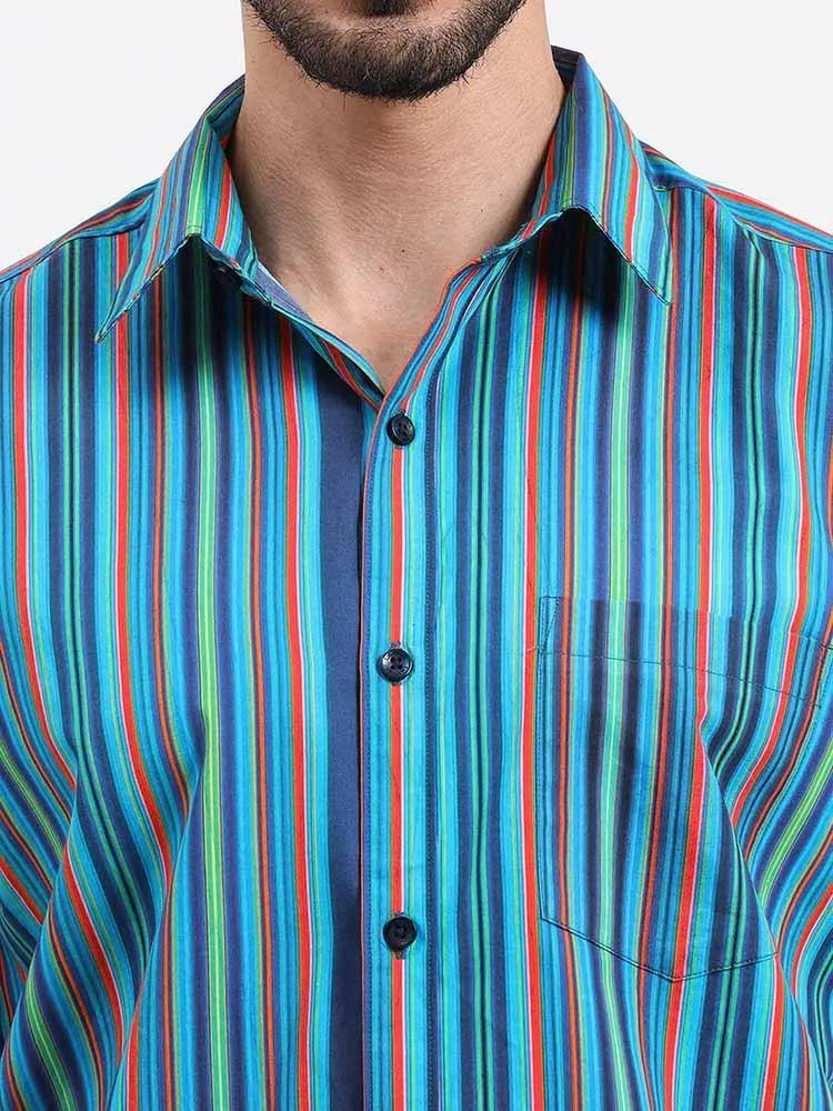 Stripe Multi Navy Turquoise Printed Half Sleeve Shirt