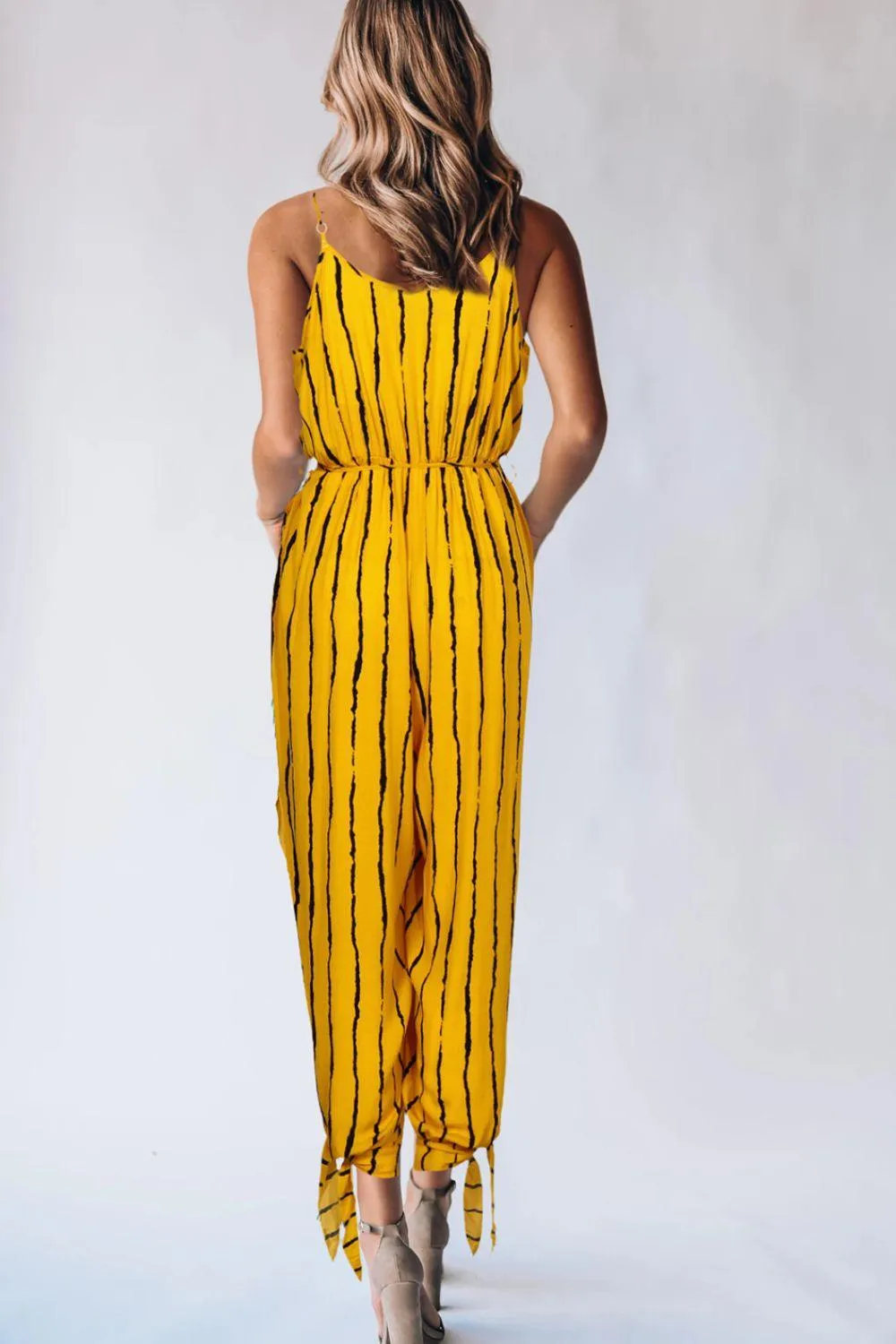 Striped Contrast Tie Ankle Spaghetti Strap Jumpsuit