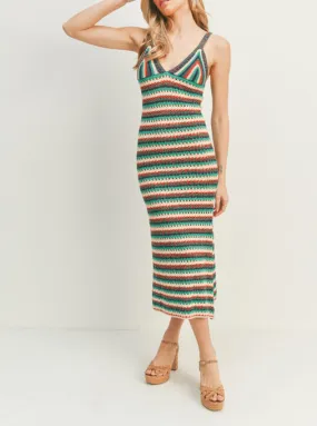 Striped Crochet Knit Midi Dress