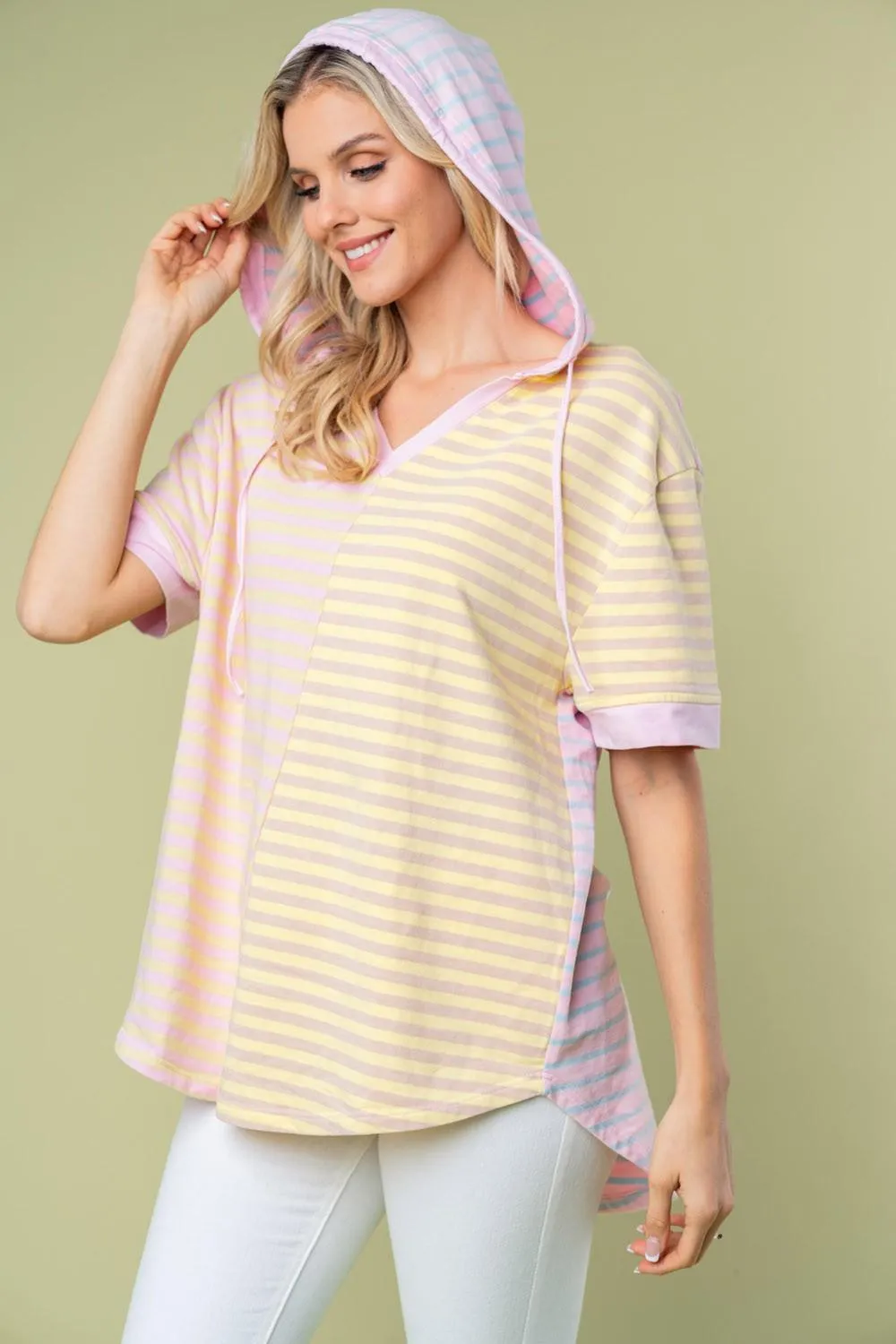 Striped Short Sleeve Drawstring Hooded Top