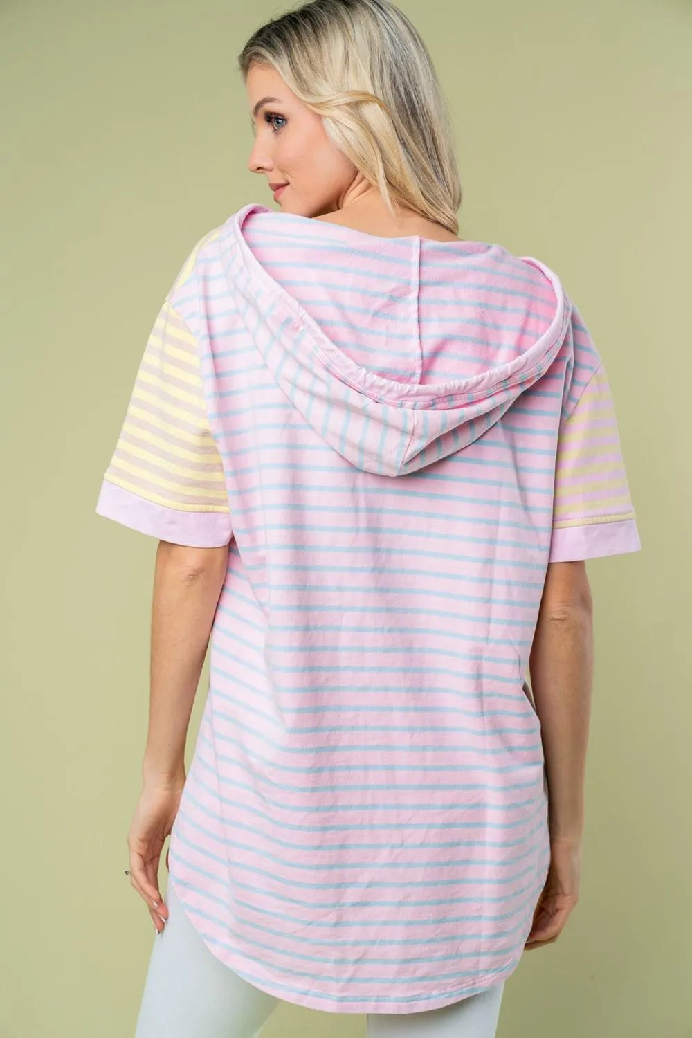 Striped Short Sleeve Drawstring Hooded Top