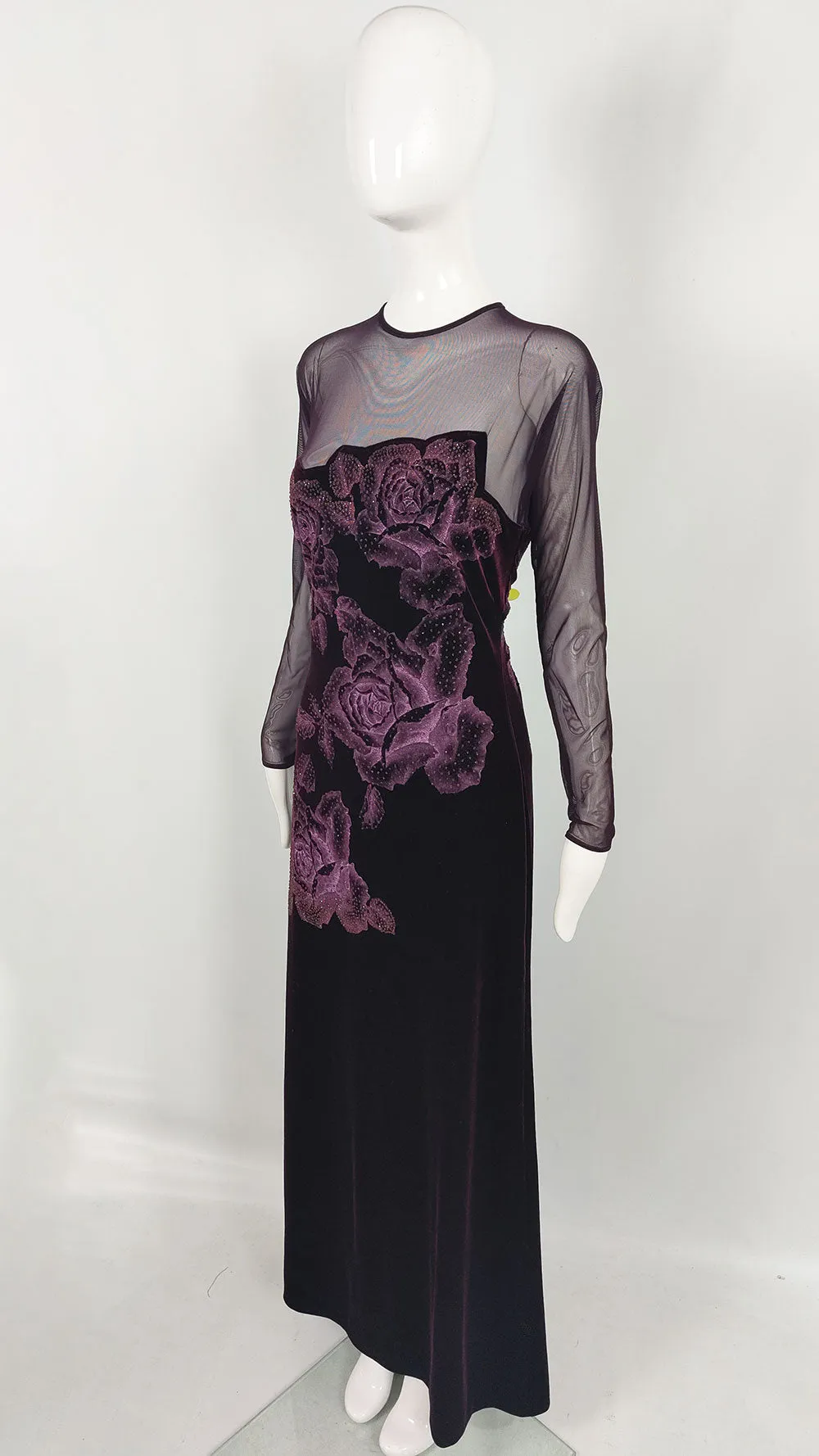 Tadashi Shoji Vintage Long Sleeve Mesh & Velvet Dress, 1990s