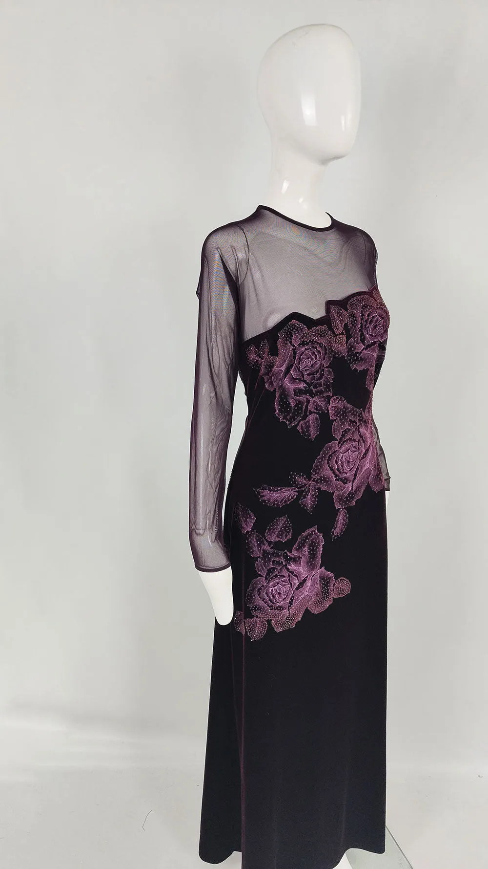 Tadashi Shoji Vintage Long Sleeve Mesh & Velvet Dress, 1990s