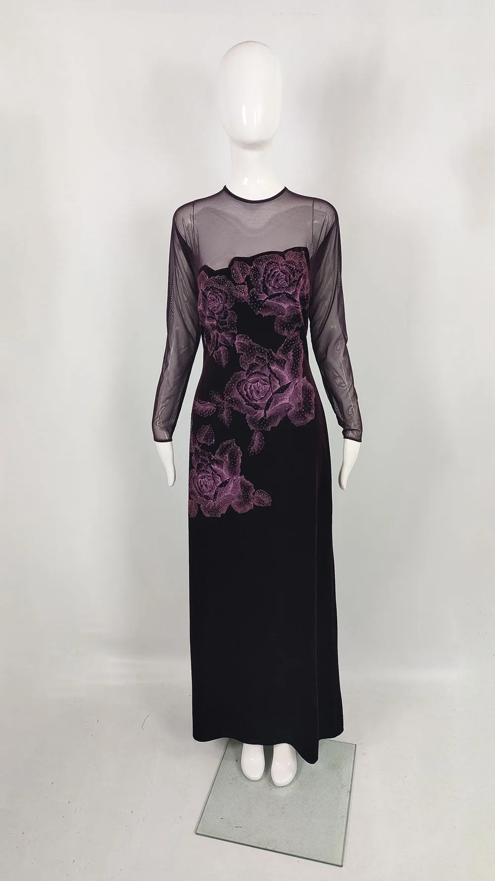 Tadashi Shoji Vintage Long Sleeve Mesh & Velvet Dress, 1990s