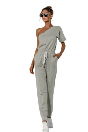 TEEK - Heather Grey Single Shoulder Short Sleeve Jumpsuit