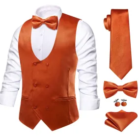 Ties2you Double Breasted Vest Burnt Orange Solid Mens Vest Tie Bowtie Set 5PC