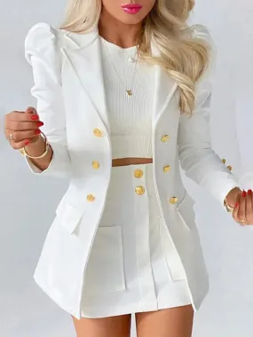 Trendy Two Piece Puff Sleeve Blazer And Skirt Set