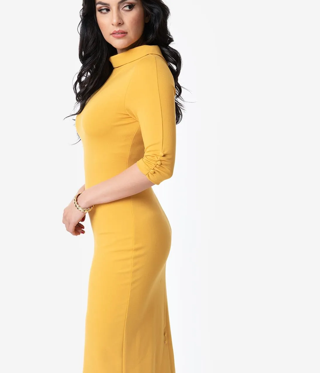 Unique Vintage 1960s Retro Mustard Half Sleeve Cassidy Wiggle Dress