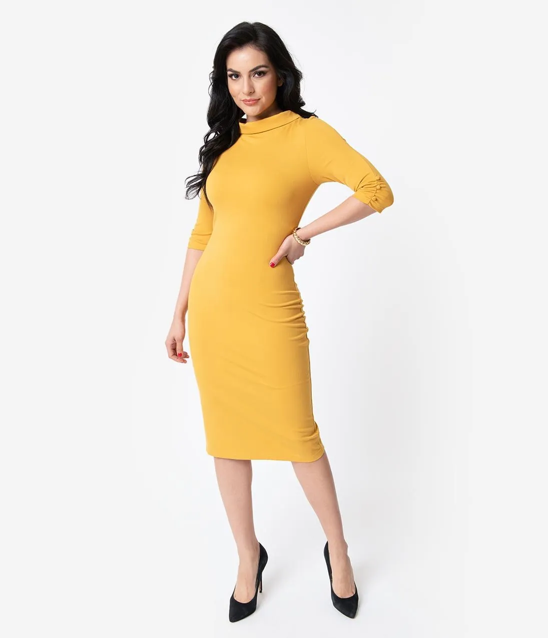 Unique Vintage 1960s Retro Mustard Half Sleeve Cassidy Wiggle Dress