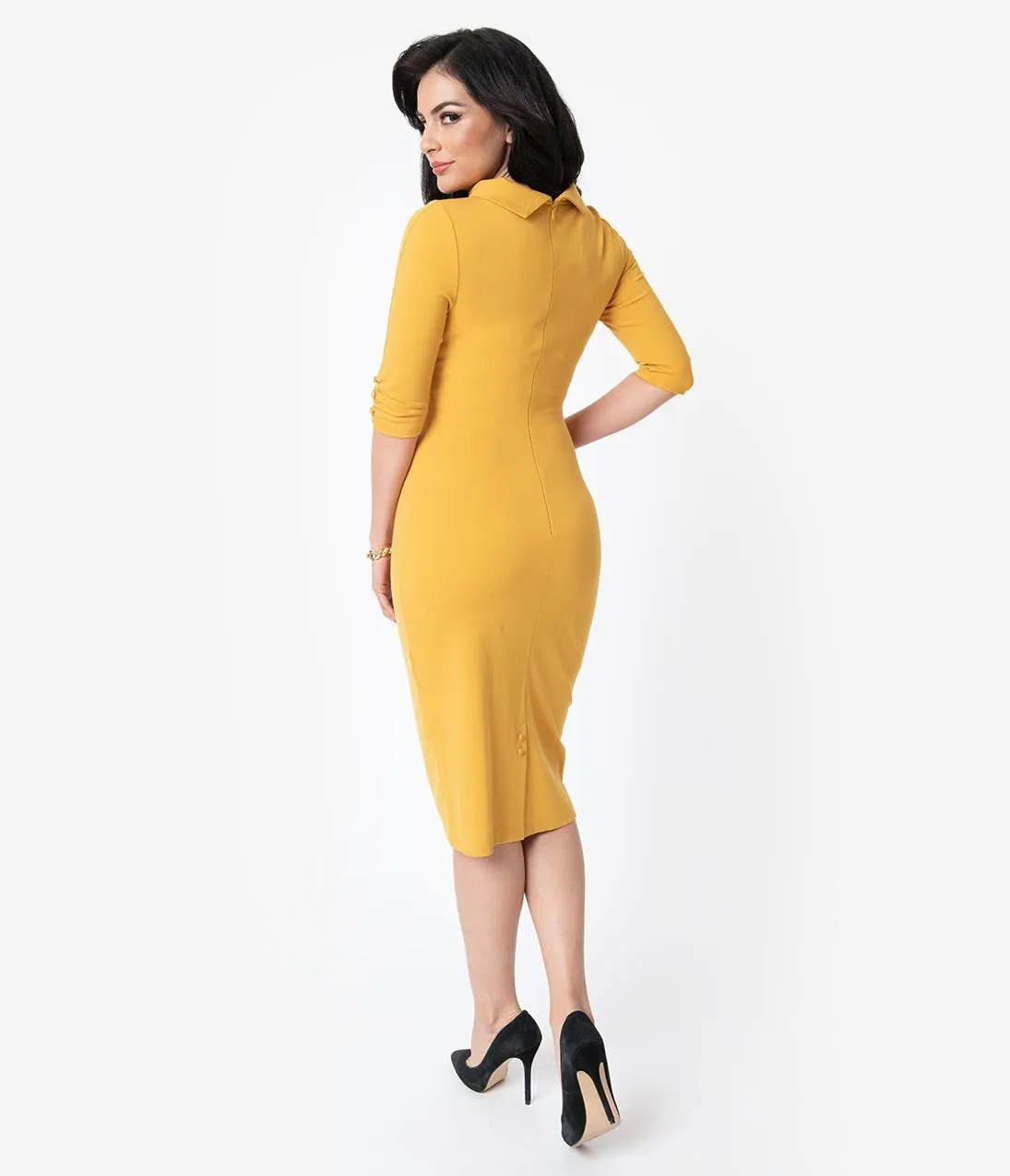 Unique Vintage 1960s Retro Mustard Half Sleeve Cassidy Wiggle Dress