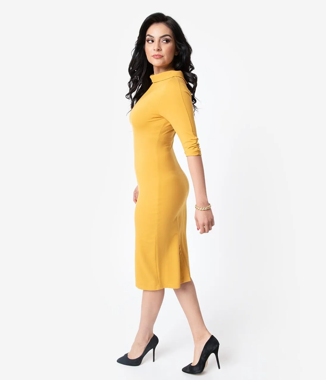 Unique Vintage 1960s Retro Mustard Half Sleeve Cassidy Wiggle Dress