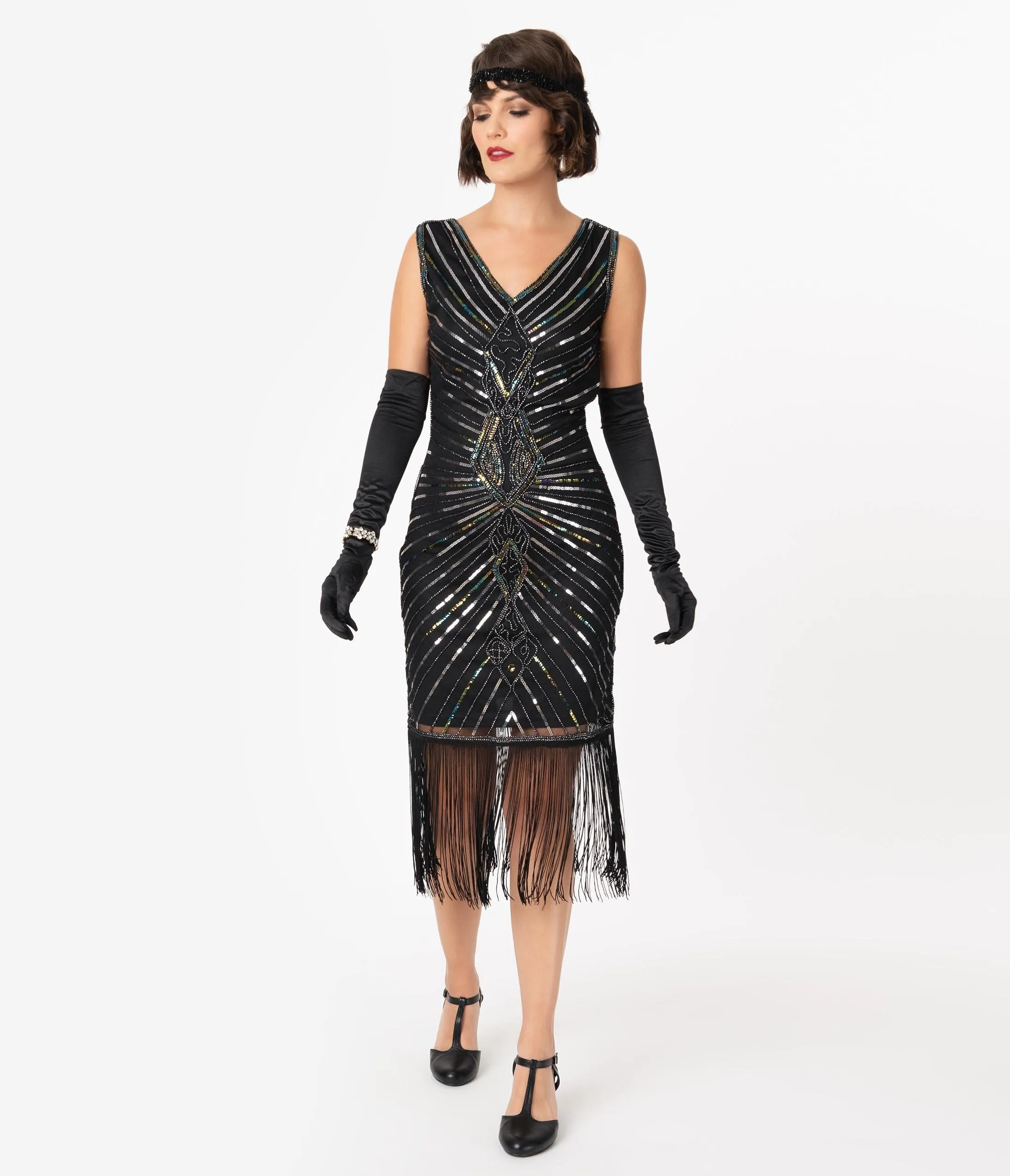 Unique Vintage Black & Silver Sequin Dacquoise Cocktail Flapper Dress