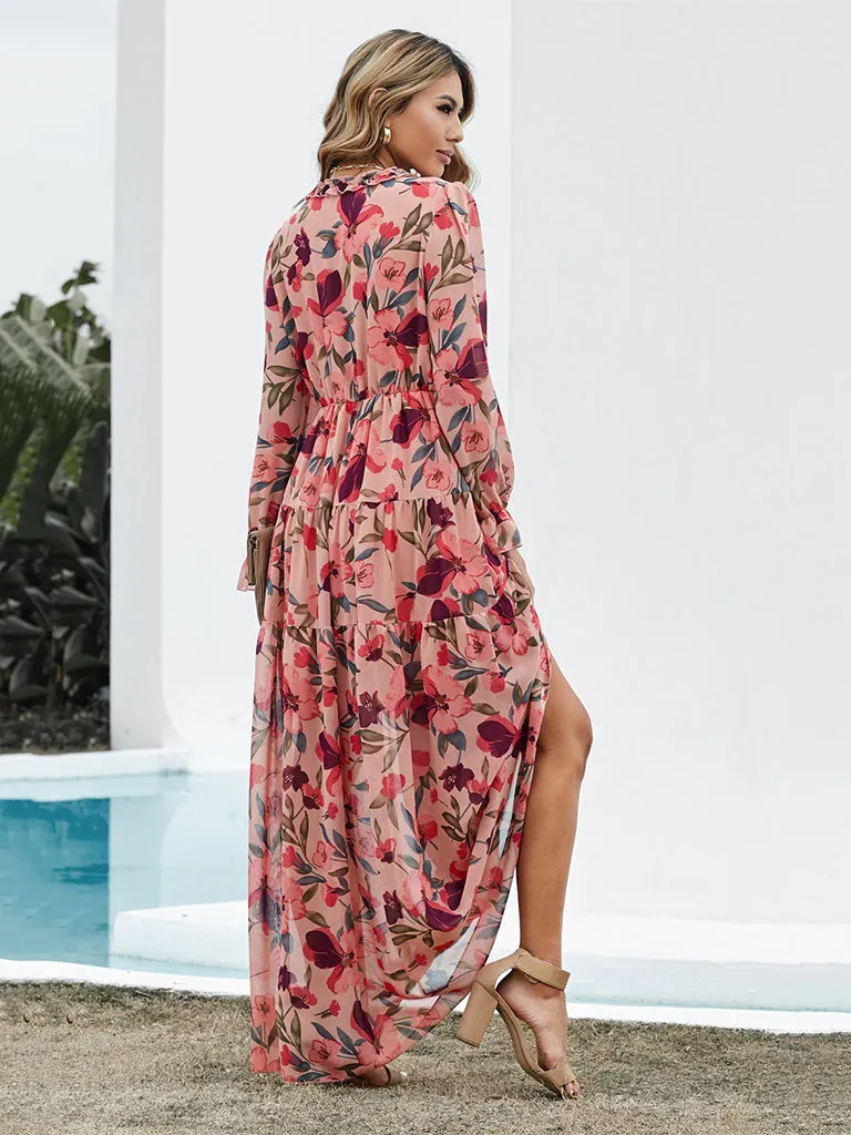 V Neck Long Sleeves Floral Printed High Waist Maxi Boho Dress