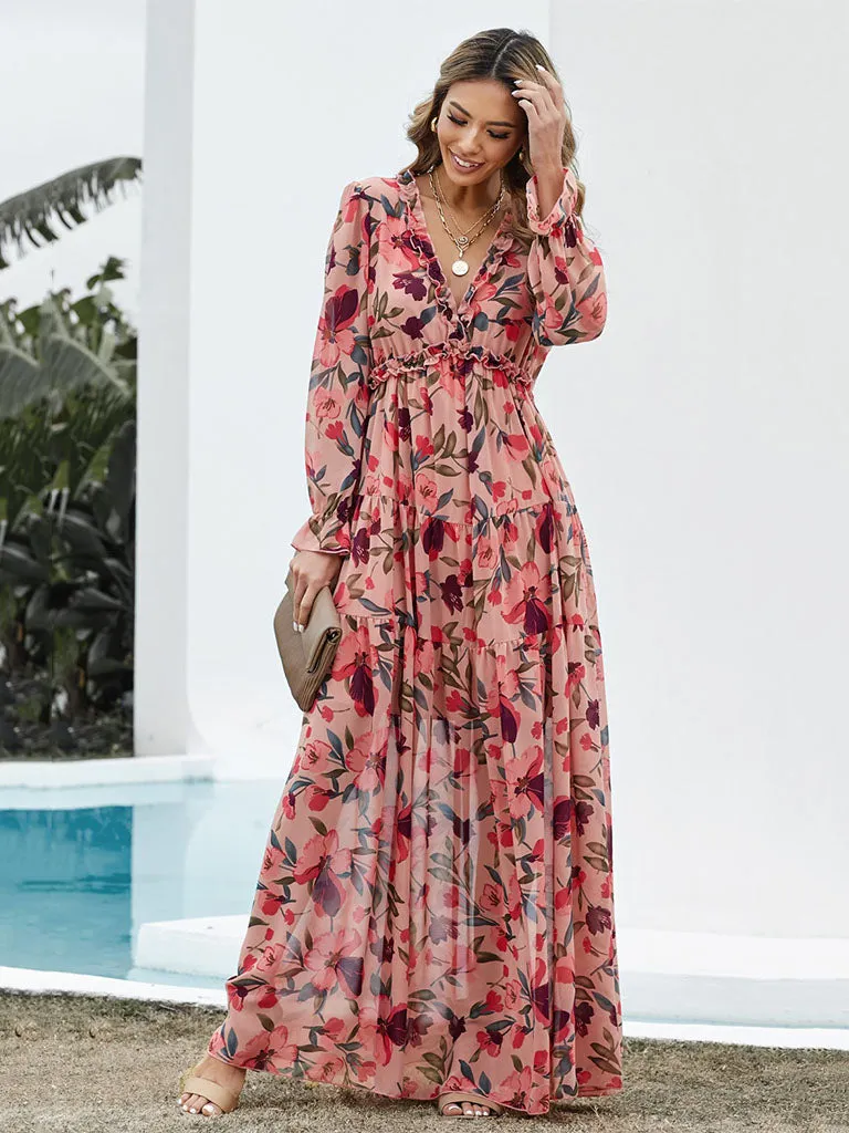 V Neck Long Sleeves Floral Printed High Waist Maxi Boho Dress