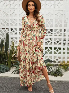 V Neck Long Sleeves Floral Printed High Waist Maxi Boho Dress