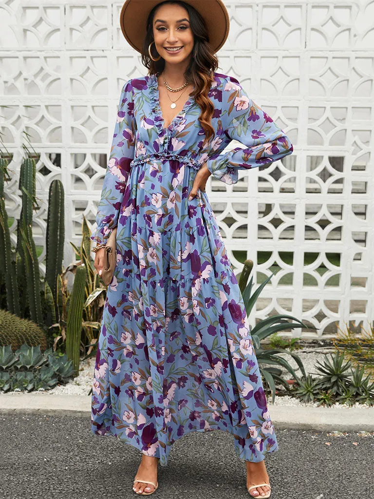 V Neck Long Sleeves Floral Printed High Waist Maxi Boho Dress