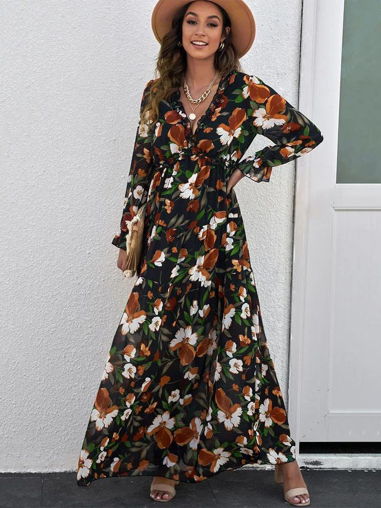 V Neck Long Sleeves Floral Printed High Waist Maxi Boho Dress