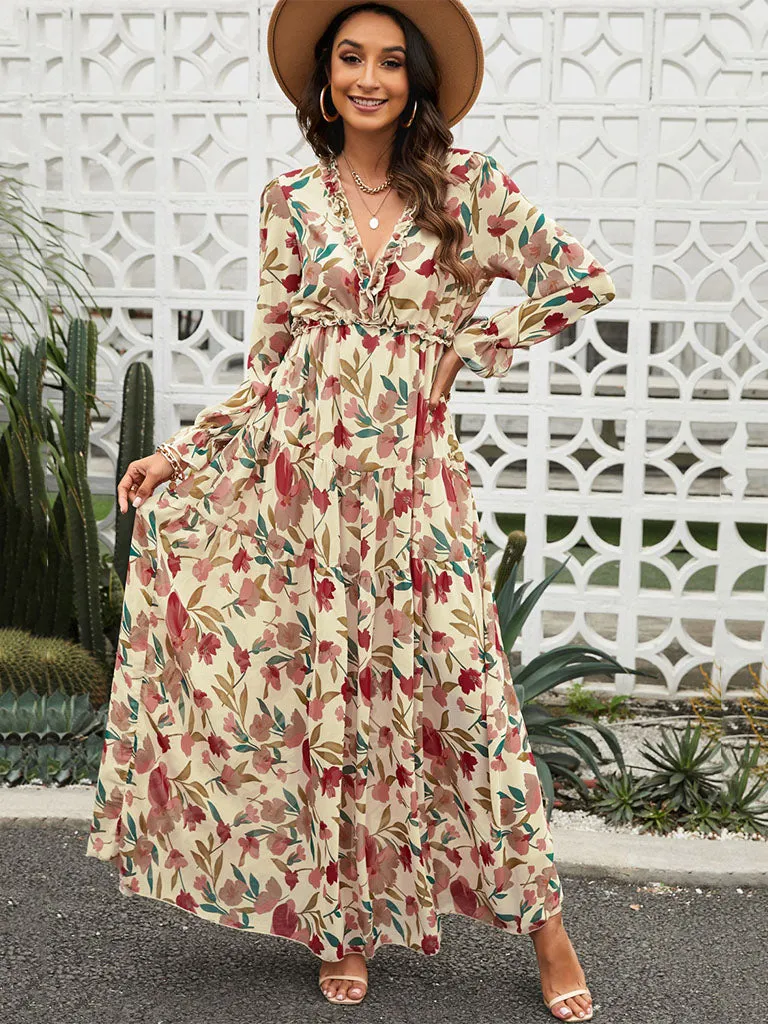 V Neck Long Sleeves Floral Printed High Waist Maxi Boho Dress