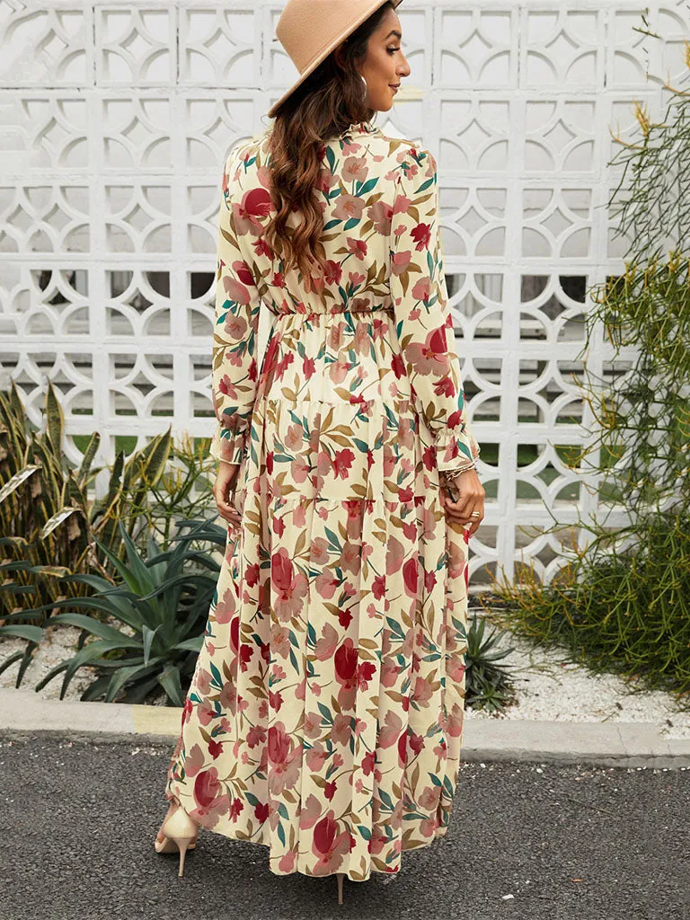 V Neck Long Sleeves Floral Printed High Waist Maxi Boho Dress