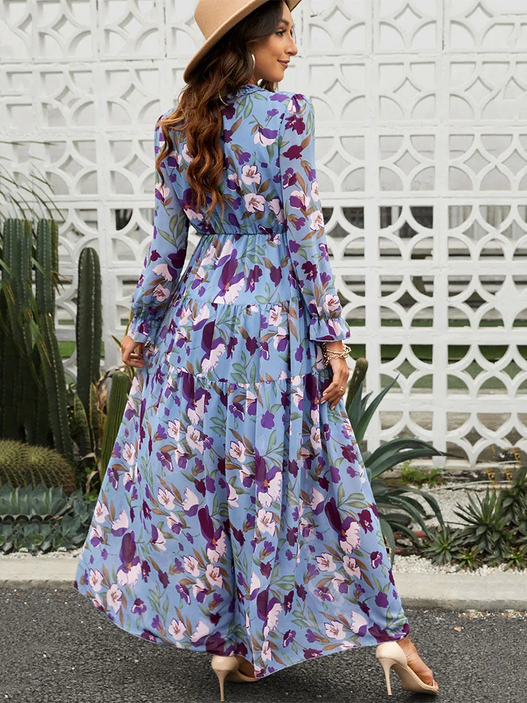 V Neck Long Sleeves Floral Printed High Waist Maxi Boho Dress