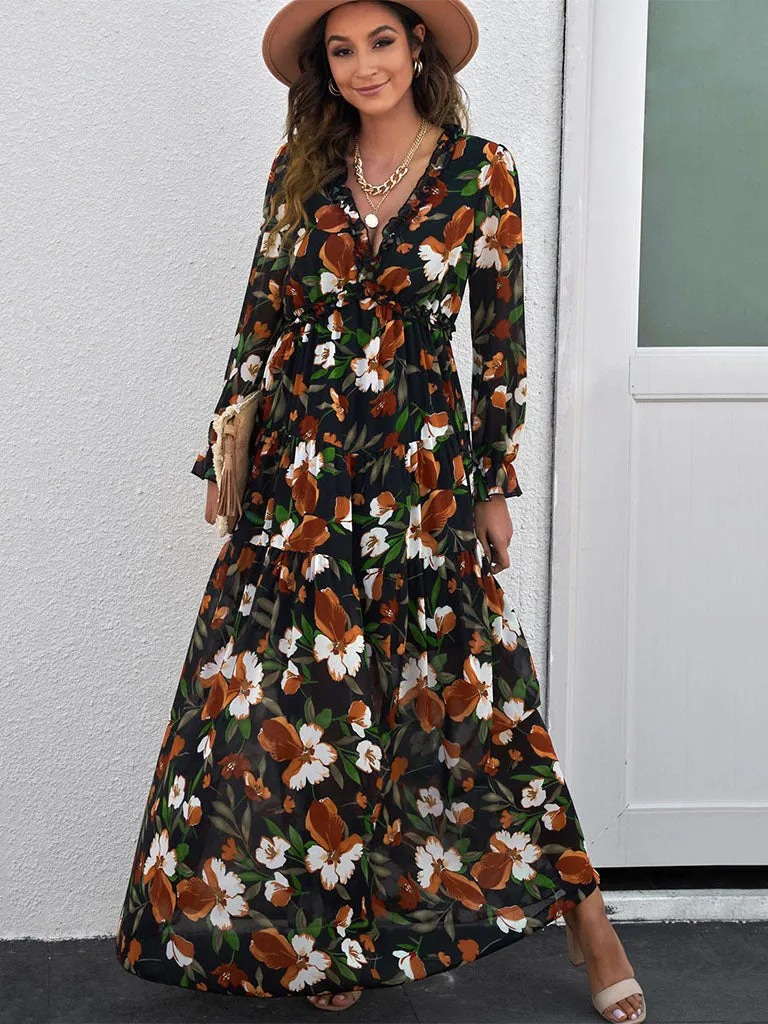 V Neck Long Sleeves Floral Printed High Waist Maxi Boho Dress