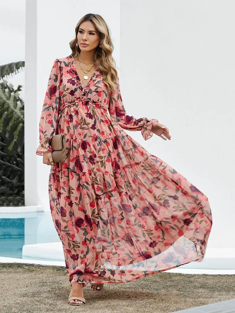 V Neck Long Sleeves Floral Printed High Waist Maxi Boho Dress