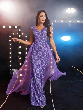 V-neck Sleeveless Panel Mesh Purple Sequin Prom Dress RM20648