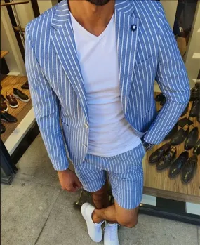 Wiaofellas  -  Men's Blazer Suit Set Casual Vertical Stripe Notch Lapel Two Button Blazer & Shorts 2Pcs Set Men's Clothing