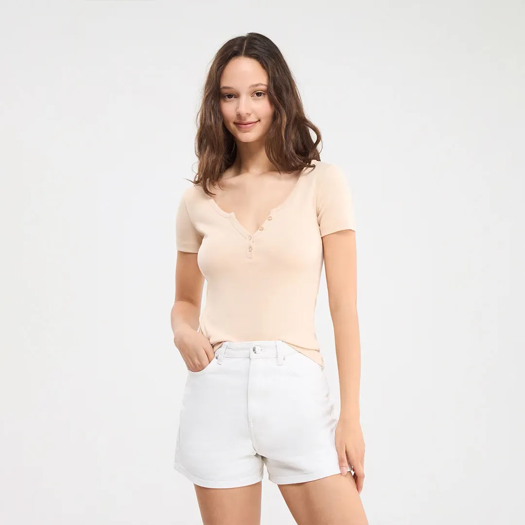 Wide Neckline Fitted Henley T-Shirt