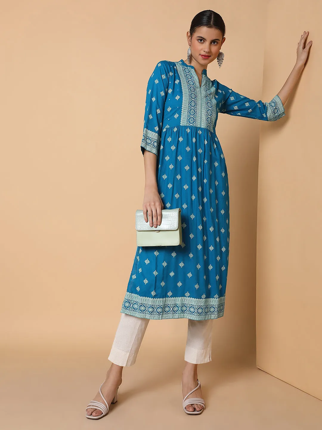 Women A Line Blue Ethnic Motifs Kurta