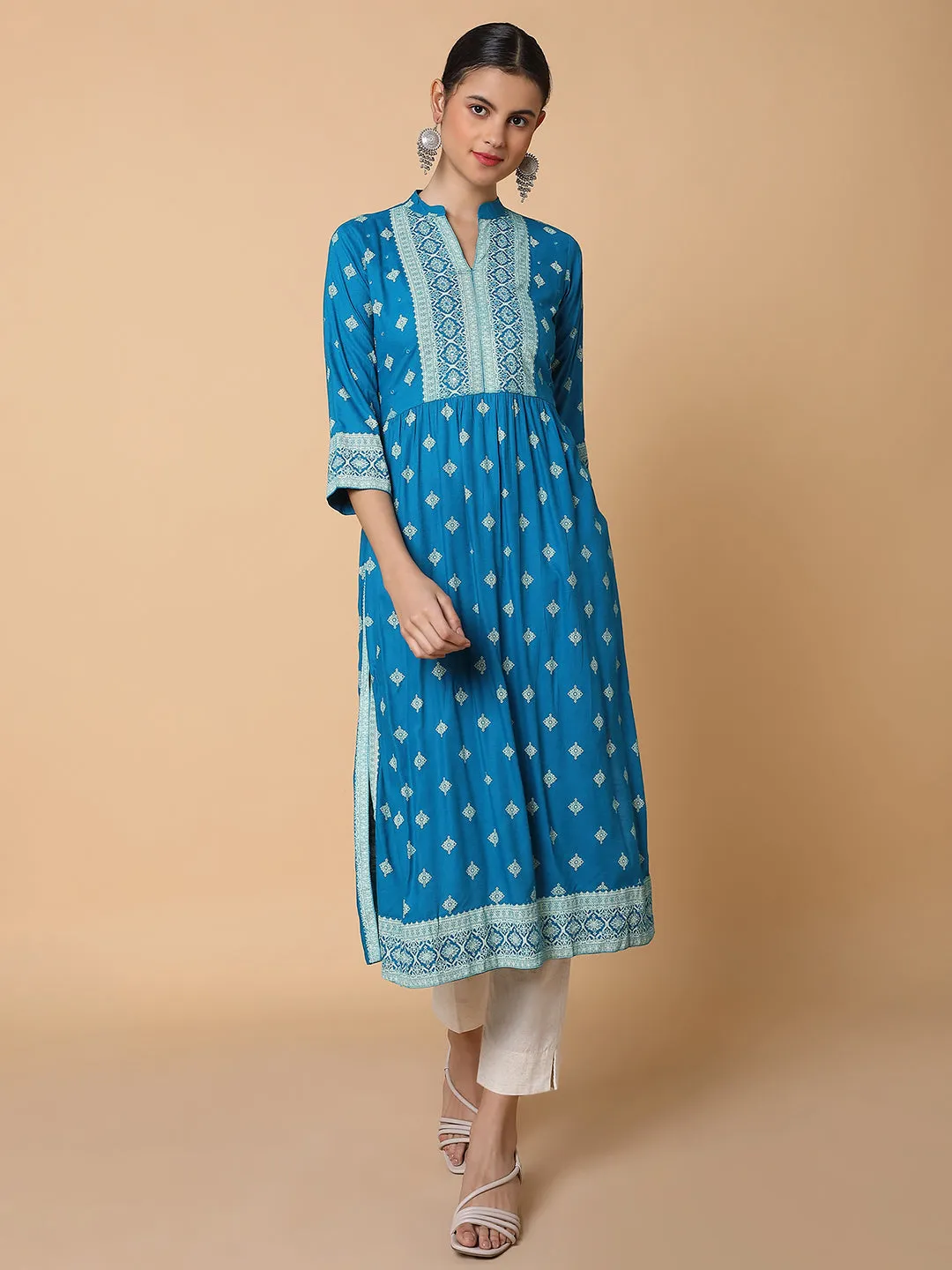 Women A Line Blue Ethnic Motifs Kurta