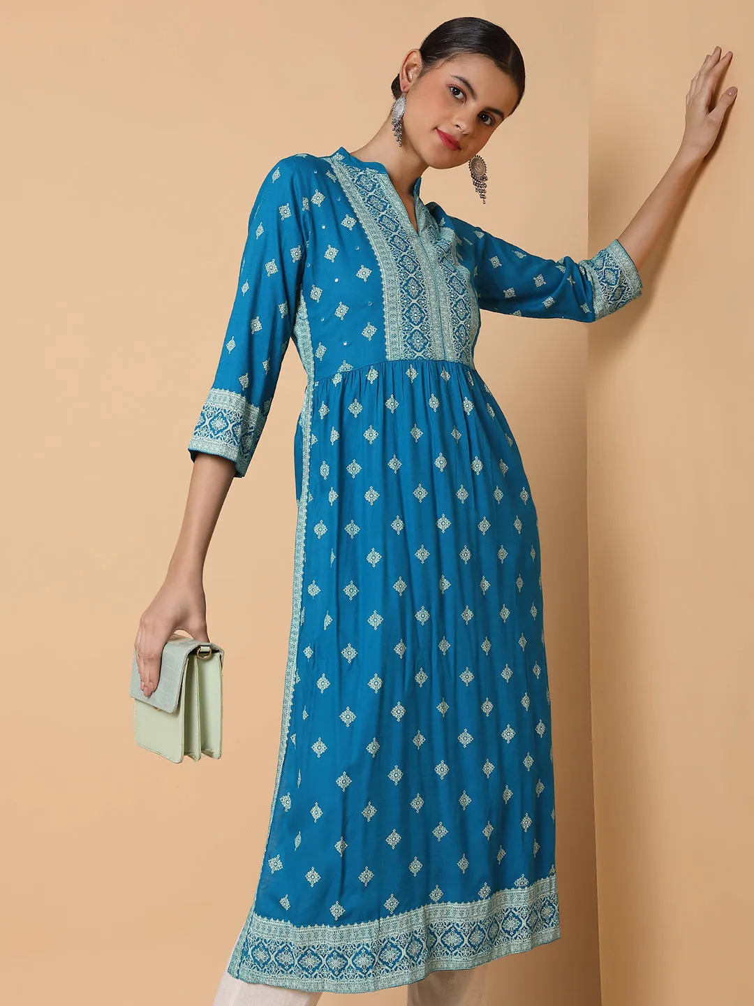 Women A Line Blue Ethnic Motifs Kurta