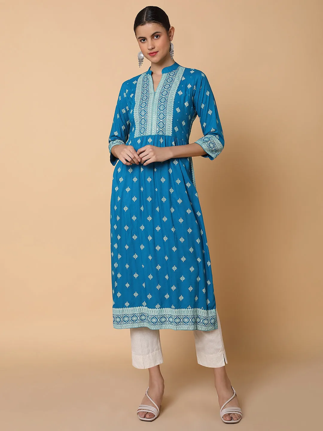 Women A Line Blue Ethnic Motifs Kurta