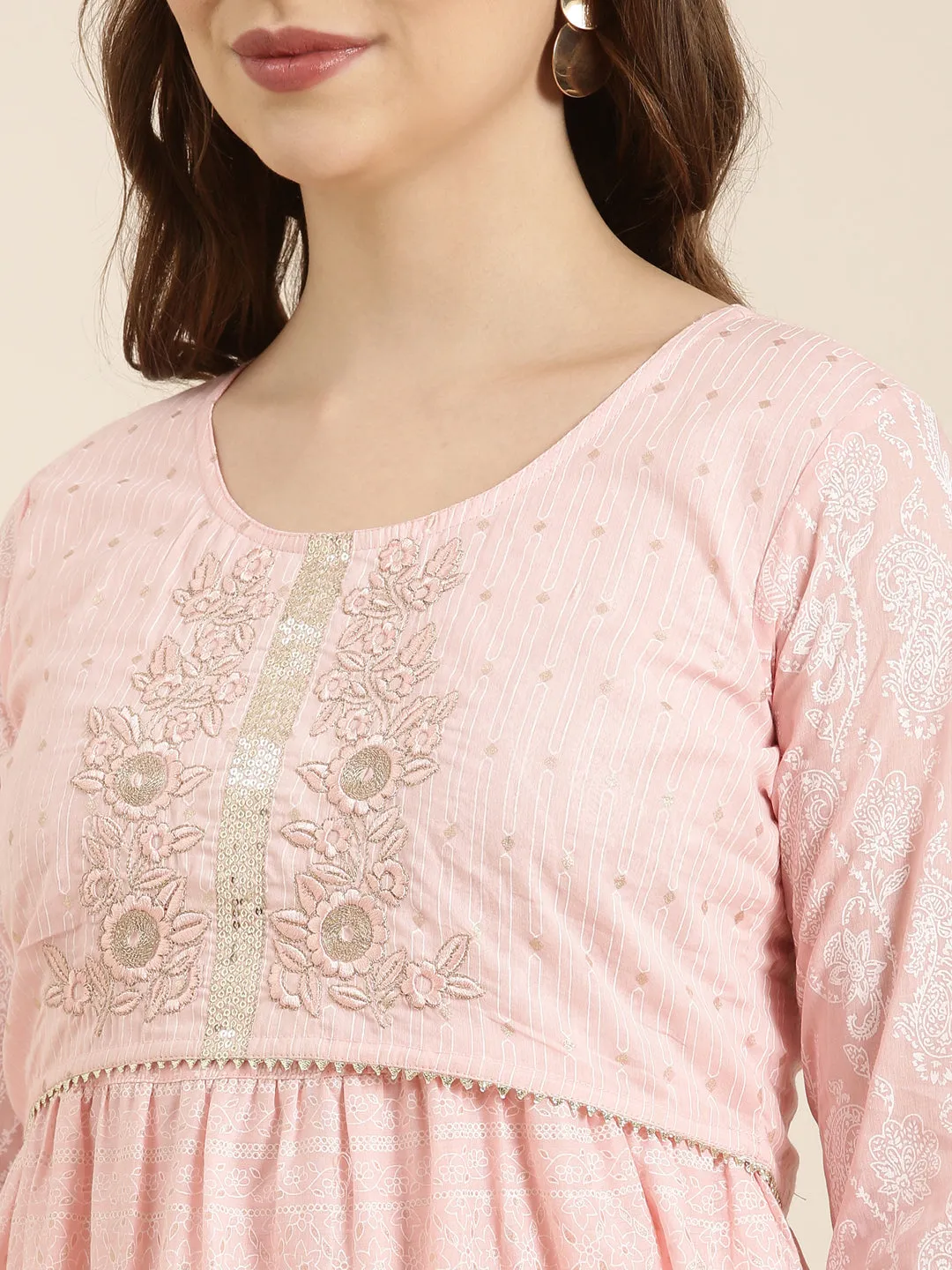 Women A-Line Pink Ethnic Motifs Kurta