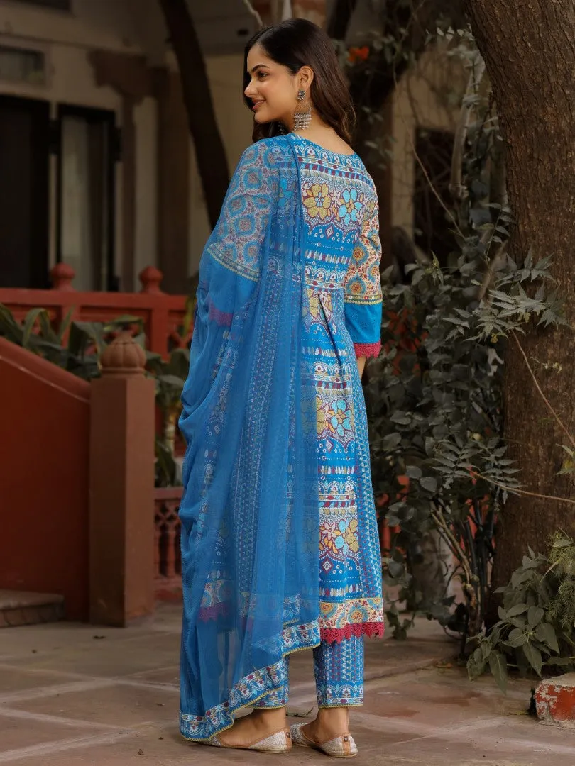 Women Blue Cotton Cambric & Net Floral Print With Embroidery Flared Kurta Set