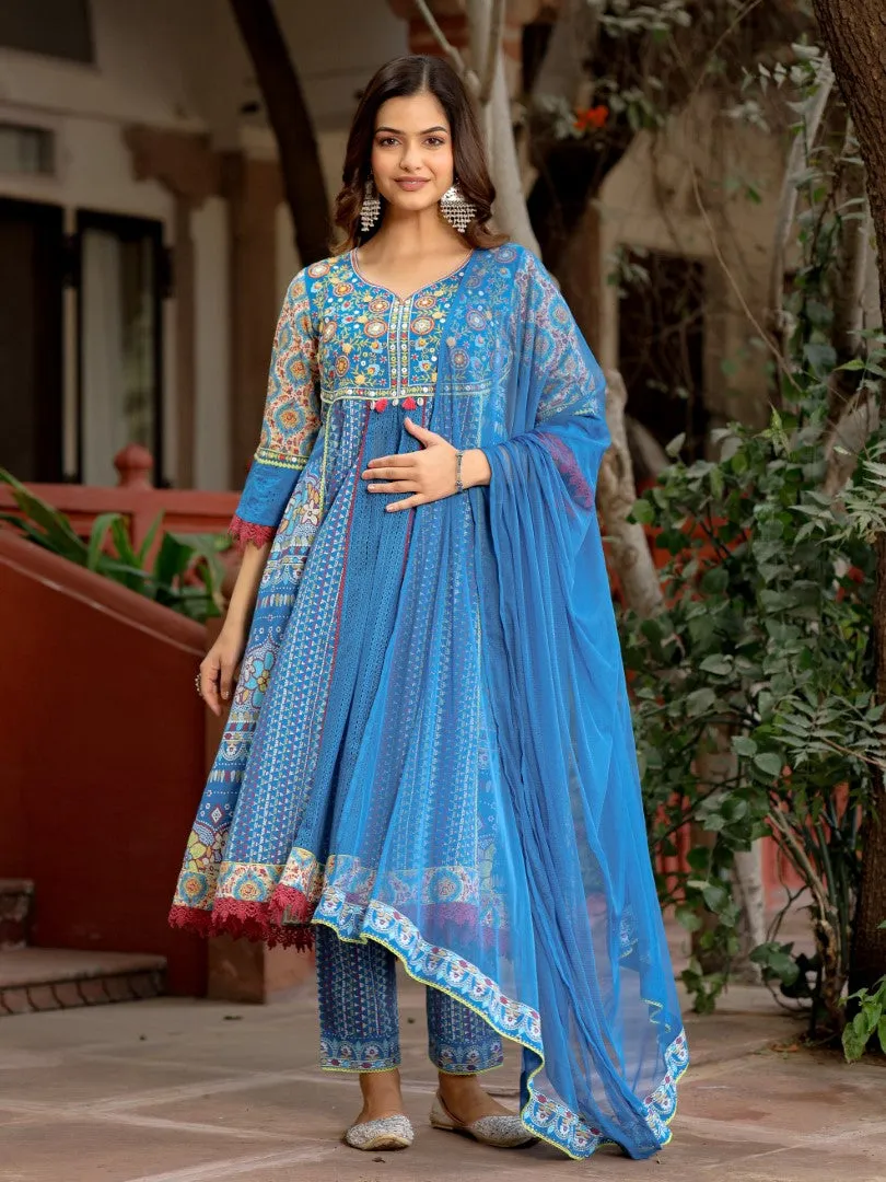 Women Blue Cotton Cambric & Net Floral Print With Embroidery Flared Kurta Set