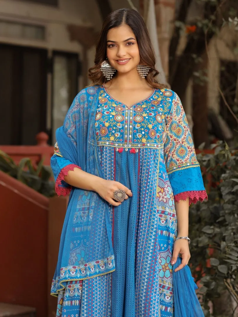 Women Blue Cotton Cambric & Net Floral Print With Embroidery Flared Kurta Set